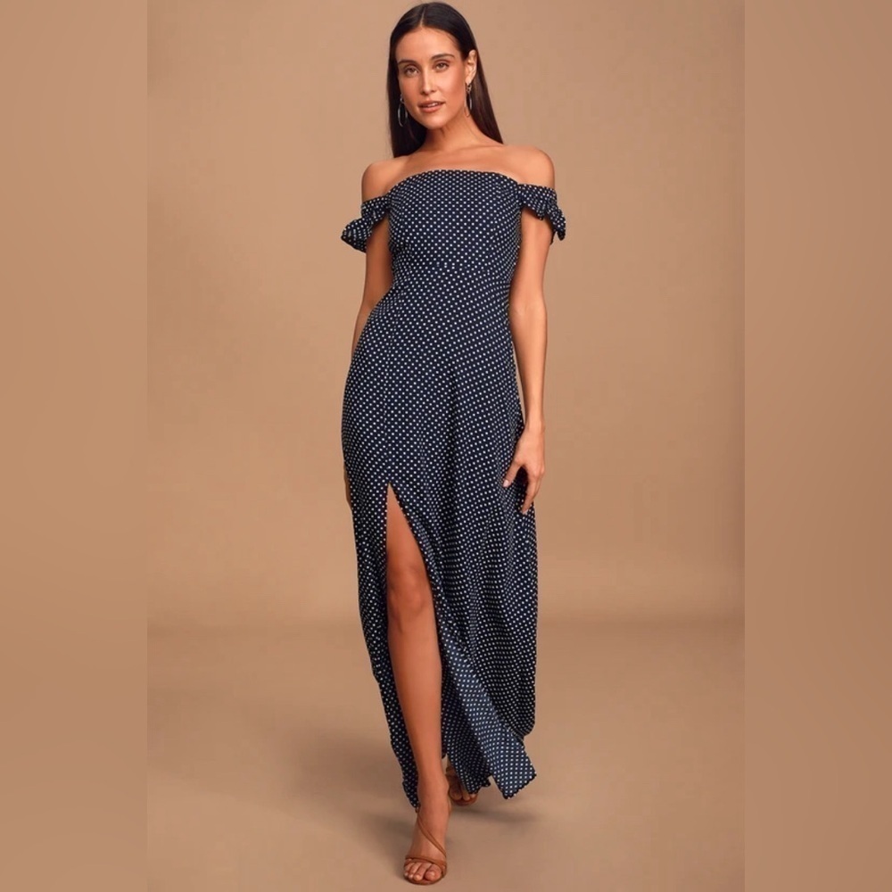 Lulus Dream Regency Nautical Blue Polka Dot Off-the-Shoulder Maxi Dress size Med - Picture 4 of 14